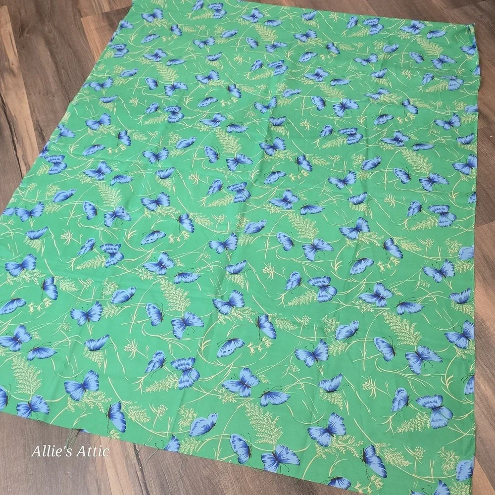 Vintage Butterfly Fabric Oriental Asian Green Blue Gold Floral Silky 3+ Yd